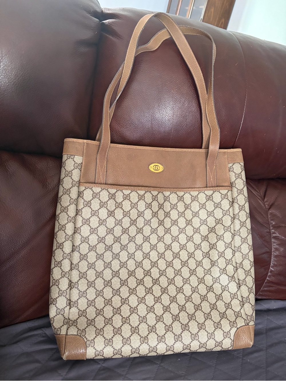 Gucci Tan & Beige GG Canvas Tote with Leather Trim